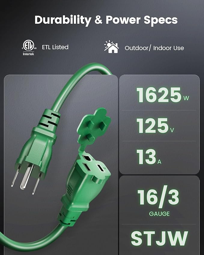 SURAIELEC Outdoor Extension Cord with Multiple Outlets,1-3 Multi Plug Splitter, (8+8+8+8) 32FT Total, 16FT End to End, 16/3C SJTW, for Landscape, Christmas Lights, Halloween Decorations, Green