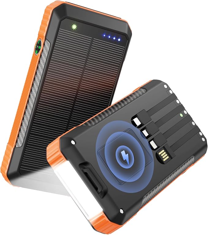 Solar Power Bank 33800mAh with Super Bright LED Flashlight, Built-in 4 Cables & Wireless Charging, Portable Charger with Compass, 7 Outputs & 4 Inputs for Camping/Hiking(Orange)
