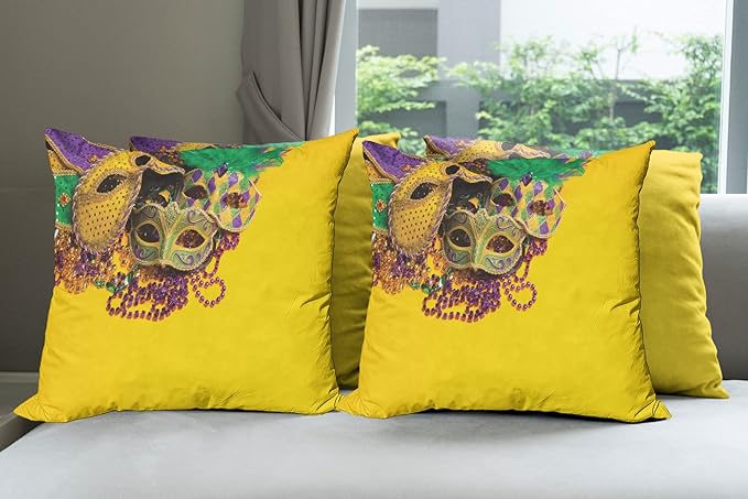 Ambesonne Mardi Gras Decorative Throw Pillow Case Pack of 4, Colorful Group of Venetian Carnivals Accessories, Cushion Cover for Couch Living Room Car, 24", Purple Yellow