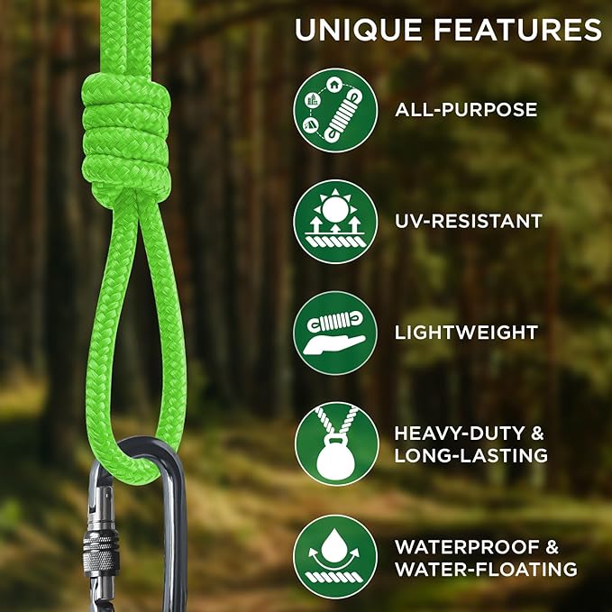 TECEUM Rope – 90 Feet x 1/4 Inch (7mm) – Neon Green – Strong All-Purpose Utility Rope – Camping, Crafting, Flag Pole, Indoor & Outdoor – Polypropylene Nylon Poly Lightweight Diamond Braided Cord