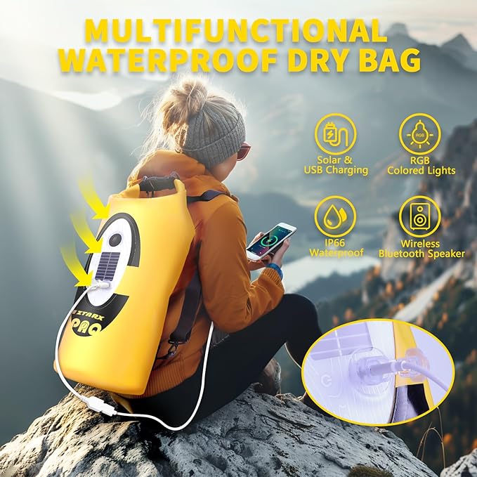 FELICON Solar/Battery Powered Multi-Functional Backpack with Bluetooth Speaker,IP66 Waterproof Dry Bag,Heavy Duty Roll Top Closure,Large Capacity Bag for Camping,Hiking,Traveling (Yellow 10L)