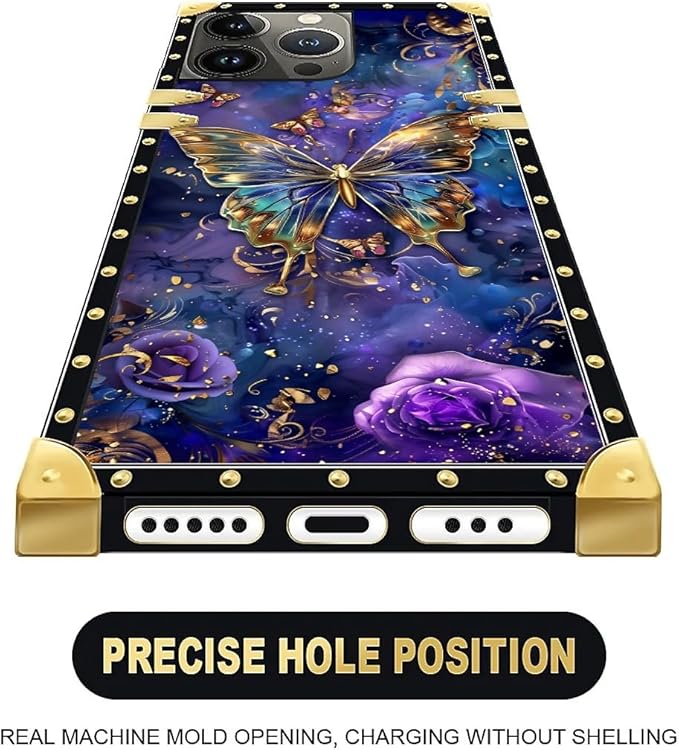 Compatible with iPhone 15 Pro Case, Glistening Golden Butterfly Vibrant Purple Blue Luxury Golden Decoration for Girl Women Soft TPU Shockproof Protective Hard PC Back
