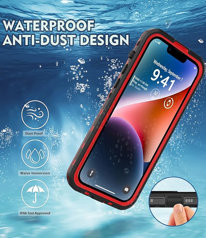 for iPhone 14 Plus Waterproof Case - Shockproof, Dustproof, Built-in Screen Protector, Magnetic Ring, 6.7" (Red)