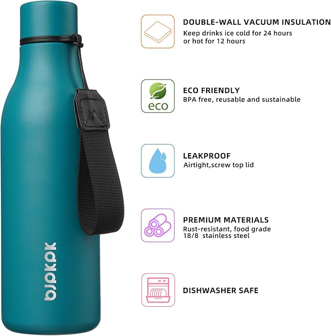 BJPKPK Insulated Water Bottles, 18 oz Stainless Steel Metal Water Bottle with Strap, BPA Free Leak Proof Jugs, Mugs, Flasks, Reusable Thermal Flasks for Sports & Travel, Lake Blue