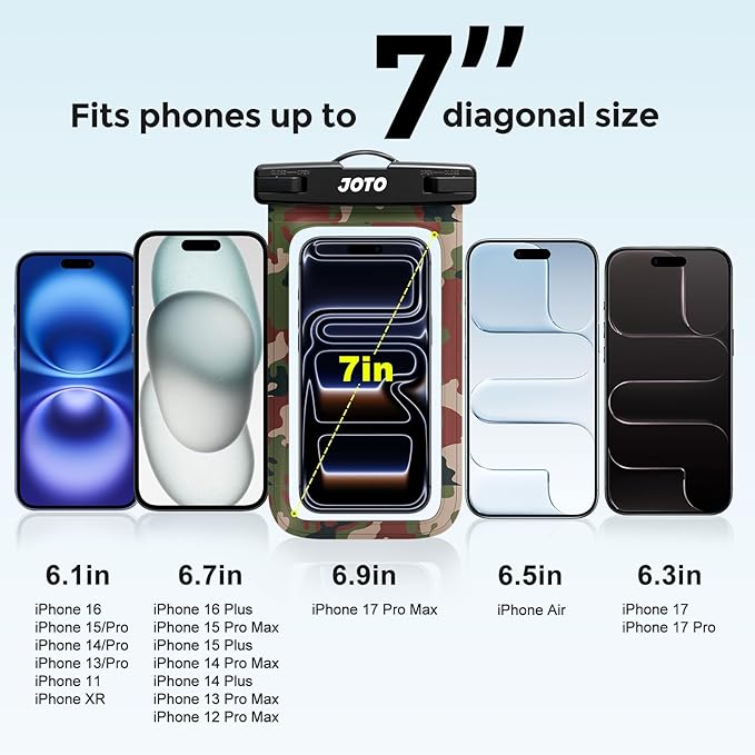 JOTO Up to 7" Universal Waterproof Phone Case for iPhone 17 Air 16 15 14 13 12 11 Plus Pro Max, IPX8 Cellphone Dry Bag XR X SE, Galaxy S23 S22 S21 S20+ S20 S10 Plus Note, Pixel -Camo