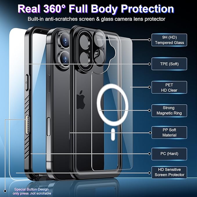Red2Fire 2025 New Designed for iPhone 16 Case Waterproof, [Compatible with MagSafe][Built-in Camera & Screen Protector][Full Body Shockproof][IP68 Waterproof][Dustproof] Phone Case for iPhone 16 6.1"