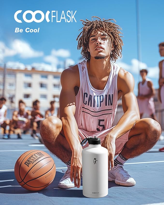 Coolflask 128 oz Gallon Water Bottle Insulated with Straw &3 Lids, Water Jug Large Stainless Steel Metal Vacuum Wide Mouth for Sports, Gym or Office, Non-BPA Keep Cold 48H Hot 24H, White