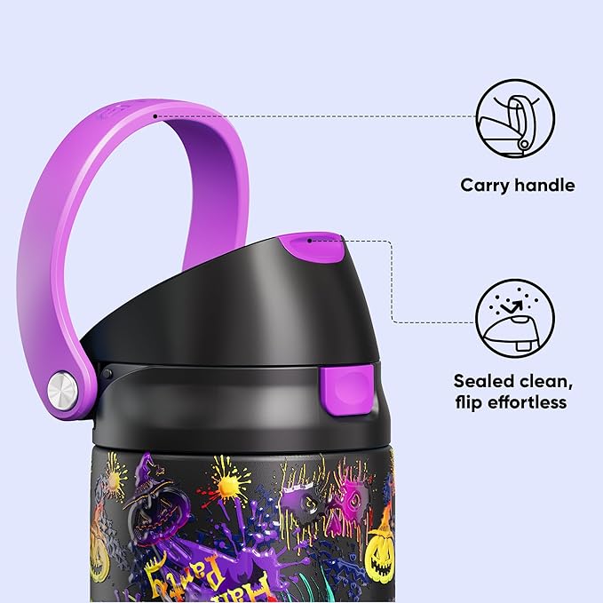 Encool SwiftSip Insulated Stainless Steel Water Bottle with Straw - Leak Proof Sports Water Bottle for School, Travel, Keeps Cold All Day, One-Touch Flip Lid, BPA-Free, 24 oz, Ghost Party