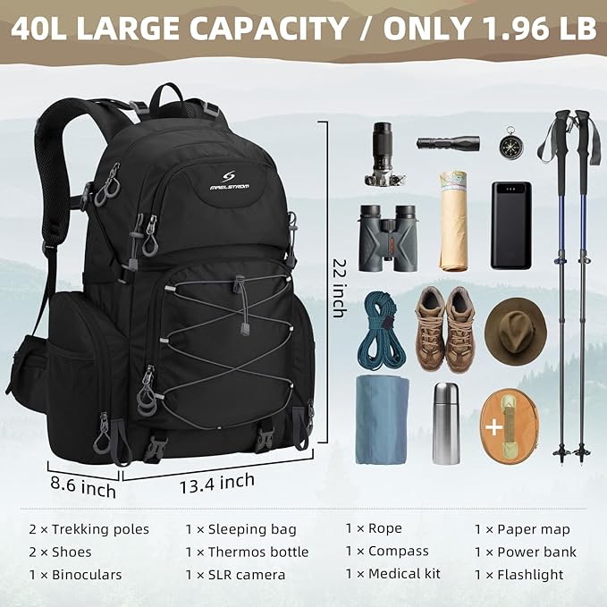 Maelstrom Hiking Backpack, 40L Waterproof Camping Daypack for Men and Women, Lightweight Travel Pack with Rain Cover (Black)