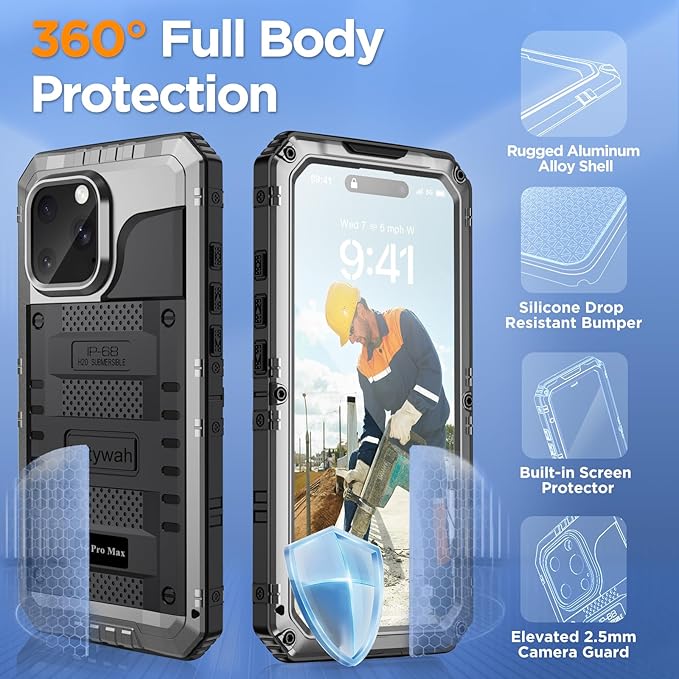 Mitywah Waterproof Case for iPhone 16 Pro Max, Heavy Duty Metal Cover with Built-in Screen Protector, Military Grade Full Body Shockproof Rugged Protective Phone Case 6.9 inch, Silver