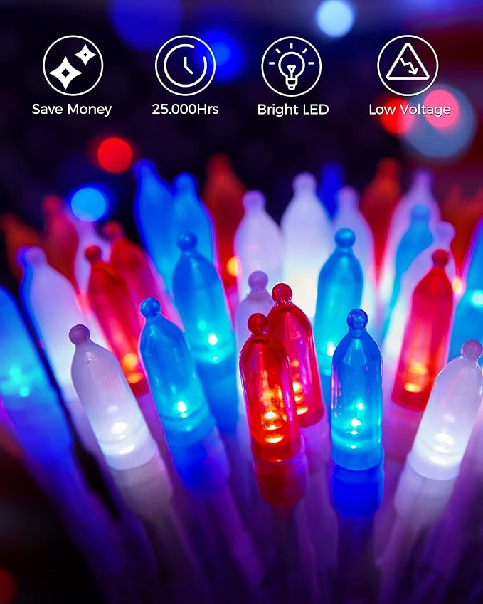 Brightown Red White Blue Battery Operated Mini String Lights with 8 Modes- 2 Pack 18 Feet 50 LED Independence Day Decoration Waterproof, Timer for Patriotic Xmas Holiday Party Outdoor Indoor