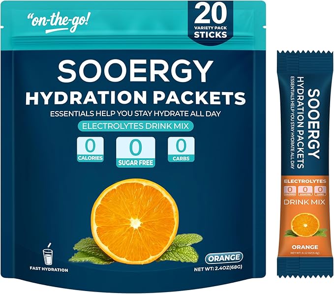 Electrolytes Powder Packets Sugar Free Hydration Packets, Liquid Daily IV Electrolyte Drink Mixex for Rehydration with Electrolytes, Vitamins, 0 Calorie, Orange Flavor, 20 Sticks