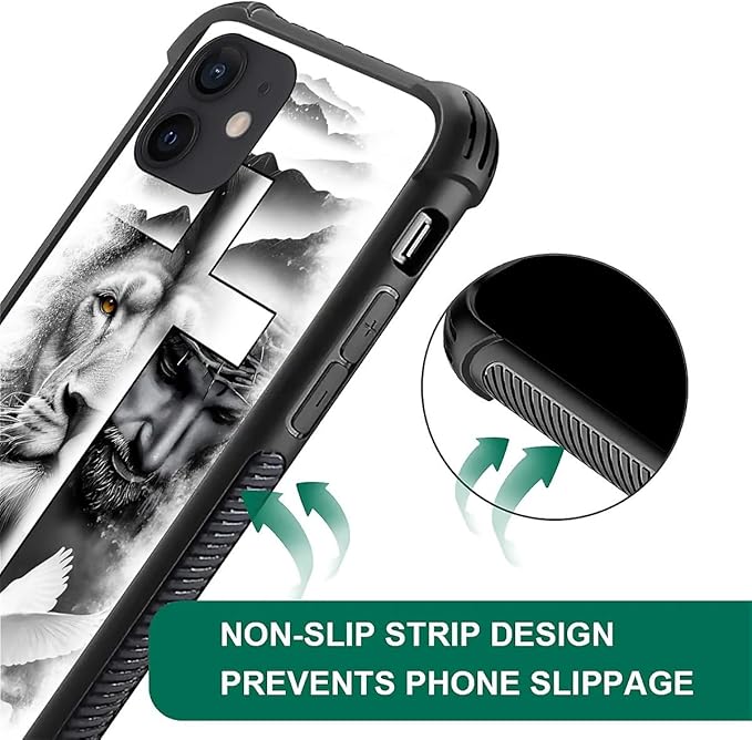 for iPhone 12/12 Pro Case, Lion Cross Jesus Christ Dove Pattern Graphic Design Girl Boy Soft Silicone Hard Acrylic Shock Protection for iPhone 12/12 Pro