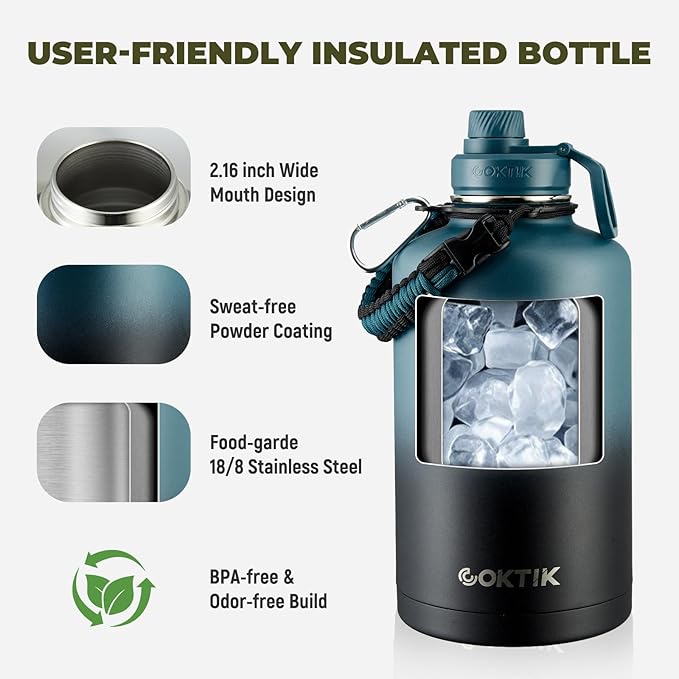 COKTIK 84oz Insulated Water Bottle - Stainless Steel Vacuum Metal, Portable ½ Gallon Large-Capacity Sports Bottle with Straw, Carry Bag and Handle Strap, Ideal for Gym & Hiking（Dark Night)