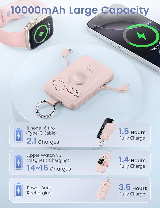 RORRY Portable Charger, 10000mAh PD 20W Fast Charging Portable Charger Power Bank with Built in Cables, Travel Battery Pack for iPhone and Apple Watch Ultra/11/10/9/8/7/6/5, Mom-Pink