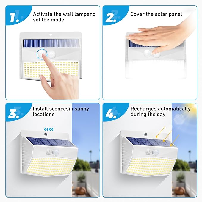 Peasur Solar Lights Outdoor Motion Sensor [138 LED/6 Packs] Solar Security Wall Light with 3 Lighting Modes Waterproof Solar Powered Lights for Garden Fence Yard, White