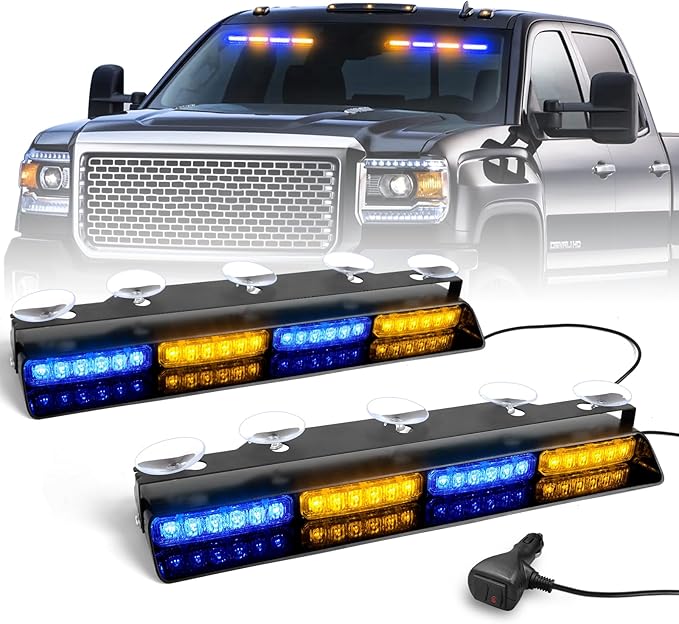 HLauto 6Z4J Emergency Dash Strobe Lights: 2x16.8 inch Blue Amber Safety Lights, 48 LED Flashing Warning Hazard Interior Windshield Visor Traffic Light Bar for Trucks, Construction Vehicles