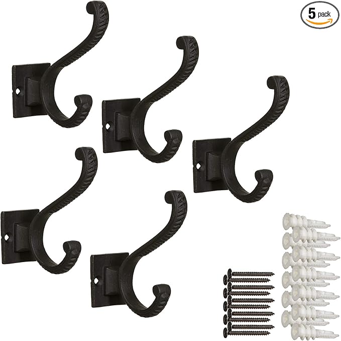 Claimed Corner Iron Scroll Coat Hooks - Wall Mounted Rustic Farmhouse Cast Iron DIY Coat Towel Hat Scarf Bag Hook - 5 Pack (Black)