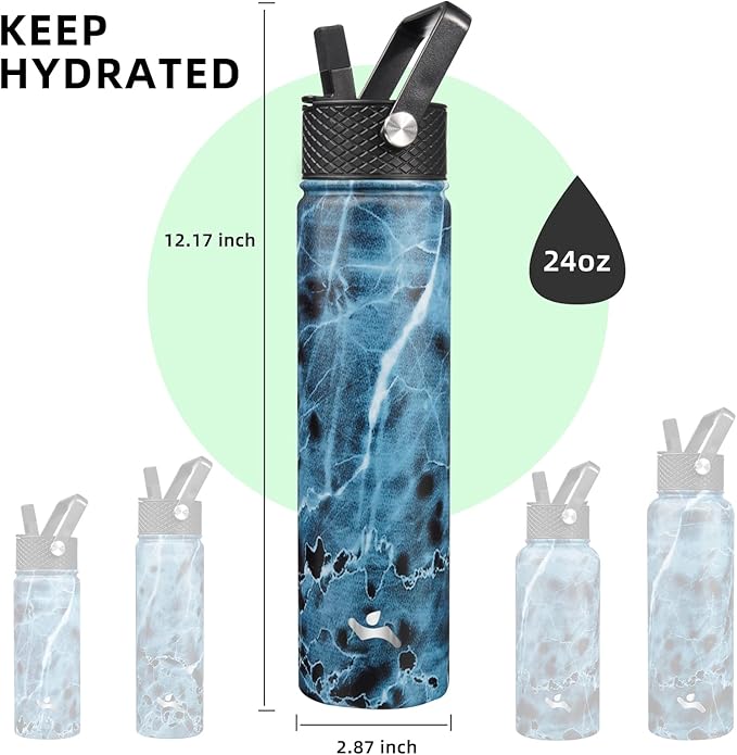 Konokyo Insulated Water Bottle 24oz Stainless Steel Sport Bottles with 3 Lids,Marble Ocean
