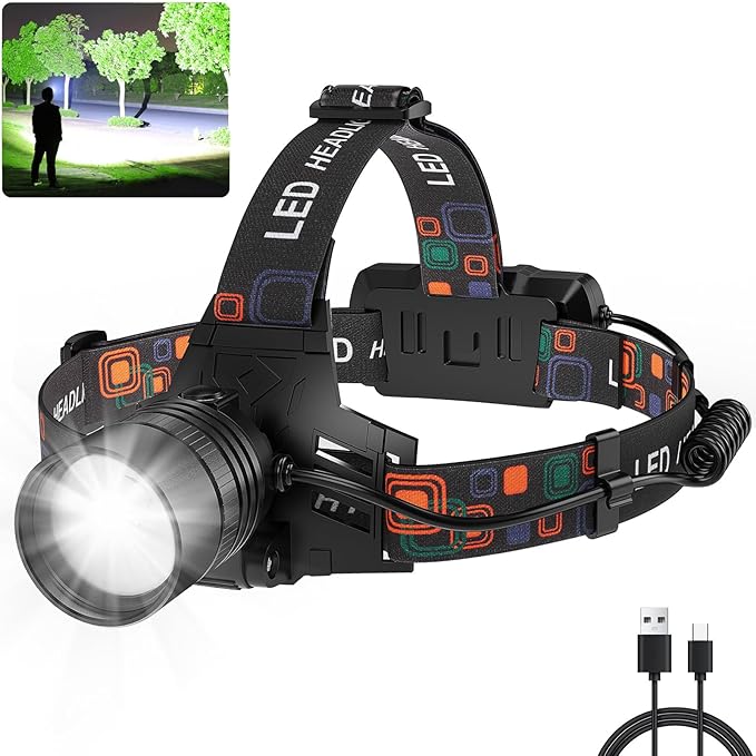 SKNSL Rechargeable Headlamp, 99000 Lumens Super Bright LED Head Lamp with 3 Modes, 90° Adjustable Head Lights for Forehead, 45H Long Runtime & IPX6 Waterproof HeadLamps for Camping Hunting Hiking