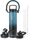Trebo 24 oz Water Bottle Insulated with Lid and Straw,Triple Wall Vacuum Stainless Steel Metal Tumbler Sports Flask with Paracord Handle, Keep Cold 48 Hours Water Cup with 3 Lids, Indigo/Black