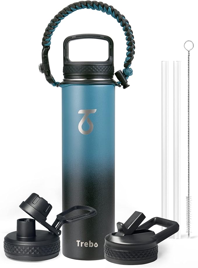 Trebo 24 oz Water Bottle Insulated with Lid and Straw,Triple Wall Vacuum Stainless Steel Metal Tumbler Sports Flask with Paracord Handle, Keep Cold 48 Hours Water Cup with 3 Lids, Indigo/Black