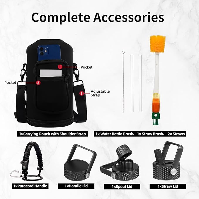 Insulated Water Bottle 128oz,Triple Wall Vacuum Stainless Steel(Dishwasher Safe),Leak Proof & Non-BPA,Flask Jug with Paracord Handle & Straw Spout Lids Sports Black
