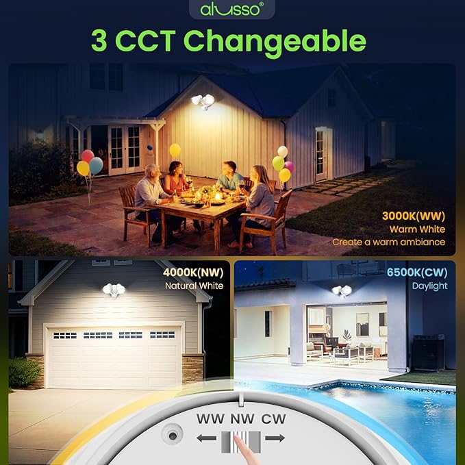 ALUSSO Motion Sensor Outdoor Lights, 30W 3500LM Flood Lights Outdoor 120V, 3 Modes (Dusk to Dawn/Auto/On Time), 3CCT 3000K/4000K/6500K Waterproof Hardwired ETL Listed, Porch Flood Light, White 2PCS