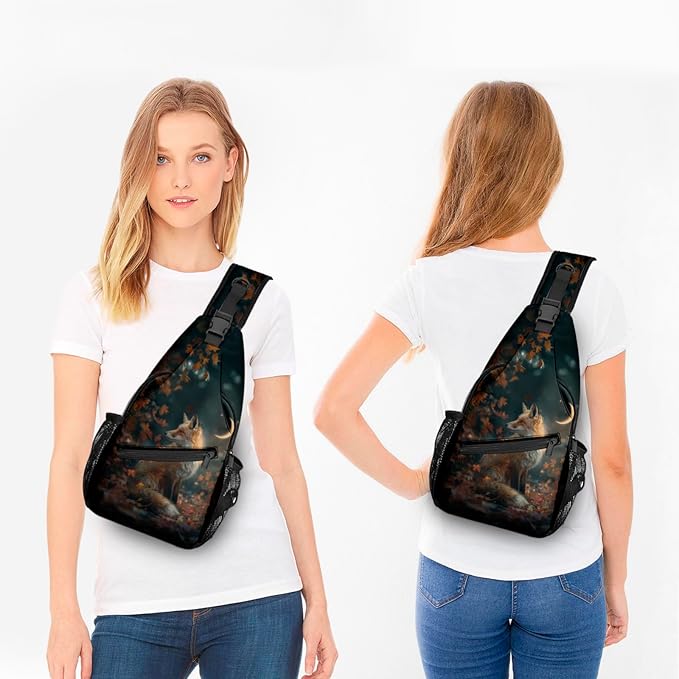 FyLybois Fox Print Sling Bag for Women Lightweight Crossbody Backpack Casual Daypack with Adjustable Strap for Travel Work Hiking Everyday Use