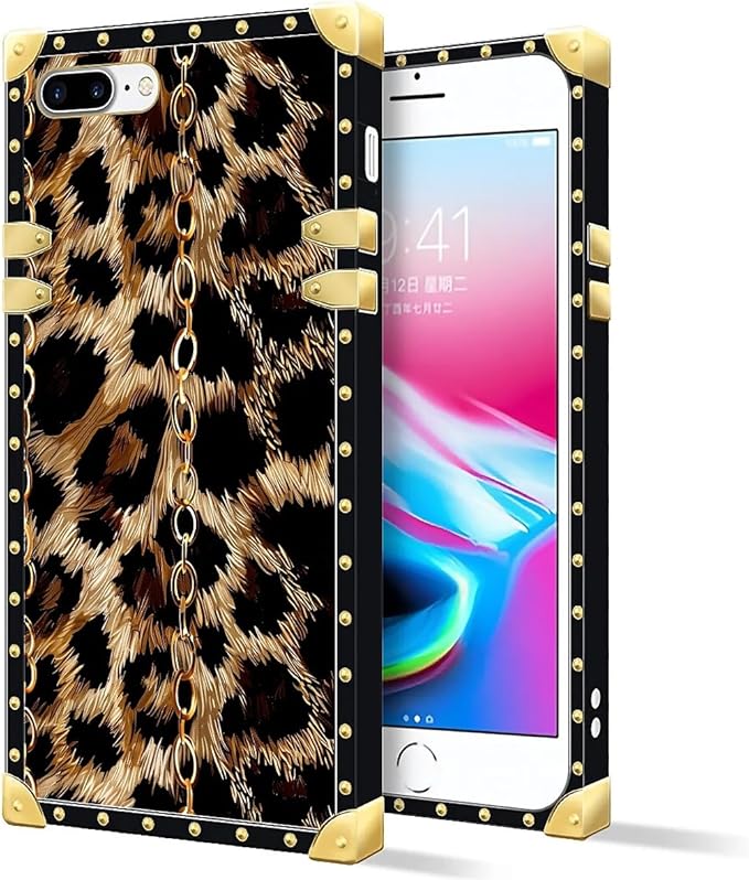 Compatible with iPhone 8 Plus 7 Plus Case, Seamless Gold Chain Leopard Luxury Golden Decoration for Girl Women Soft TPU Shockproof Protective Hard PC Back for iPhone 8 Plus 7 Plus