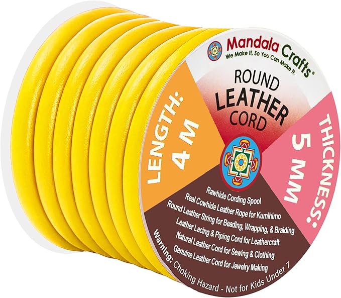 Mandala Crafts Round Genuine Yellow Leather Cord for Jewelry Making – 5mm Cowhide Leather Rope String Lace for Kumihimo – 4.4 Yards Cowhide Craft Cording Spool