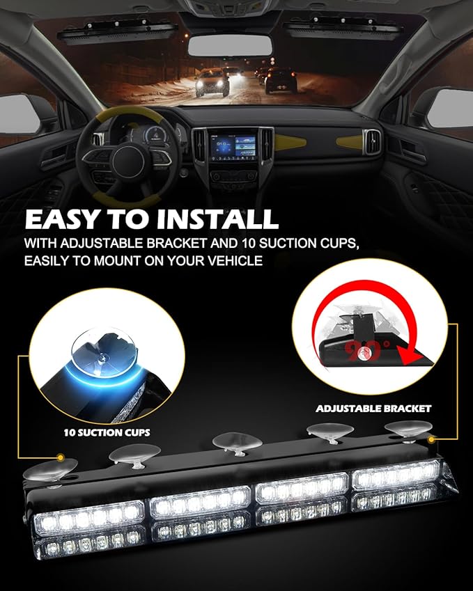 HLauto 604N Emergency Dash Strobe Lights: 2x16.8 inch White Security Light w/Take Down, 48 LED Safety Flashing Warning Hazard Interior Windshield Visor Light Bar for Trucks Vehicles