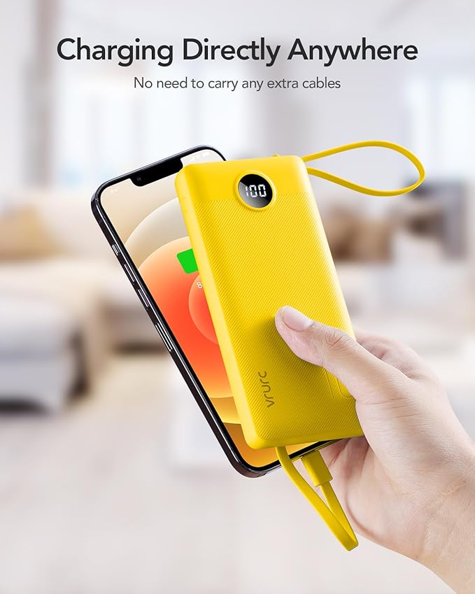 VRURC Portable Charger with Built-in Cables, 10000mAh LED Display USB C Power Bank, Slim Travel Battery Pack with 5 Output 2 Input Compatible with iPhone 17 16 15 13,Samsung,Android etc-Yellow(1 Pack)
