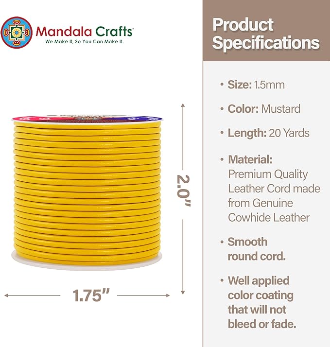 Mandala Crafts Round Genuine Mustard Yellow Leather Cord for Jewelry Making – 1.5mm Cowhide Leather Rope String Lace for Kumihimo – 20 Yards Cowhide Craft Cording Spool