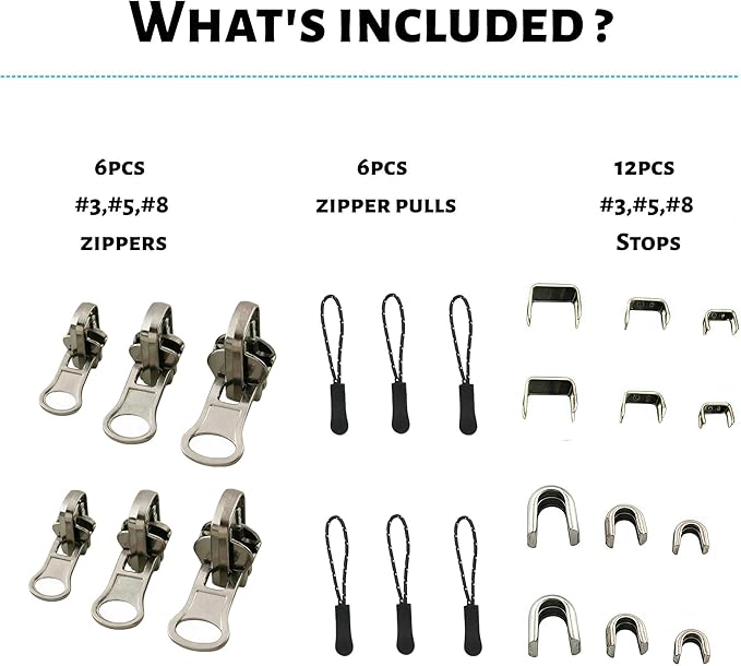 Universal Zipper Repair Kit - 3-Size Double-Sided Zippers Slider Replacement with Zipper Pull for Jackets, Luggage, Backpacks & Outdoor Gear | No-Sew Installation