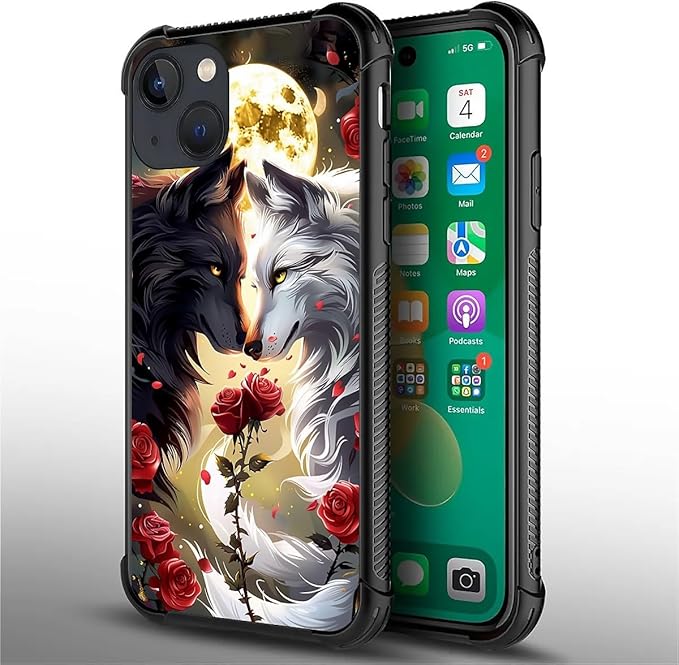 for iPhone 13 Mini Case, Black White Wolf Moon Flower Rose Pattern Made of Soft Silicone Hard Acrylic Shock Protection for iPhone 13 Mini