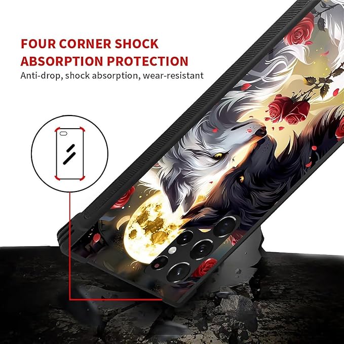 for Samsung Galaxy S22 Ultra Case, Black White Wolf Moon Flower Rose Pattern Graphic Design Girl Boy Soft Silicone Hard Acrylic Shock Protection for Samsung Galaxy S22 Ultra