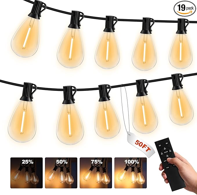 50FT Outdoor String Lights, 15m Waterproof Remote LED Patio Lights with 19+1 S11 Bulbs 10FT Extension Cable, Dimmable Outside Hanging Lights for House, Porch,Yard,Garden,Bistro, Gazebo lighting