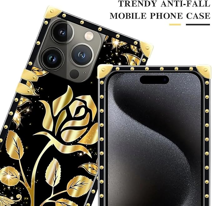 Compatible with iPhone 16 Pro Case, Shine Gold Rose Luxury Golden Decoration for Girl Women Soft TPU Shockproof Protective Hard PC Back for iPhone 16 Pro