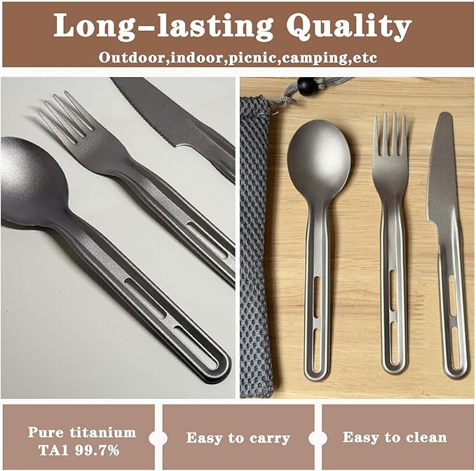 Titanium Flatware Knife Fork Spoon 2Sets - Ultralight For Backpacking, Hiking, Travel Dinnerware Easy Clean Compact