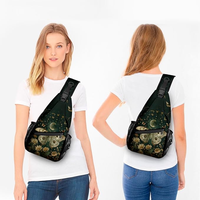 FyLybois Moth Sling Bag for Women Lightweight Crossbody Backpack Casual Daypack with Adjustable Strap for Travel Work Hiking Everyday Use