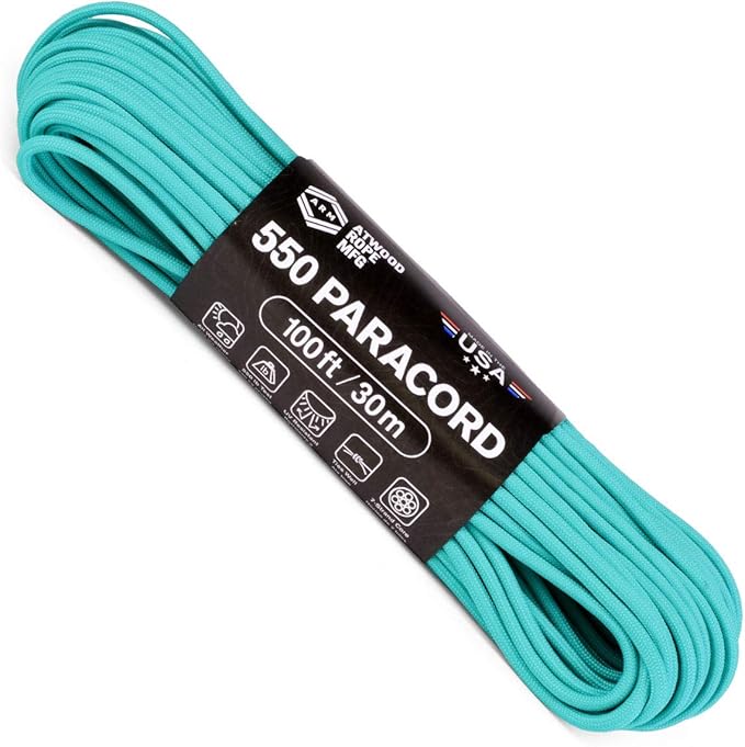 Atwood Rope MFG 550 Paracord 100 Feet 7-Strand Core Nylon Parachute Cord Outside Survival Gear Made in USA | Lanyards, Bracelets, Handle Wraps, Keychain (Teal)
