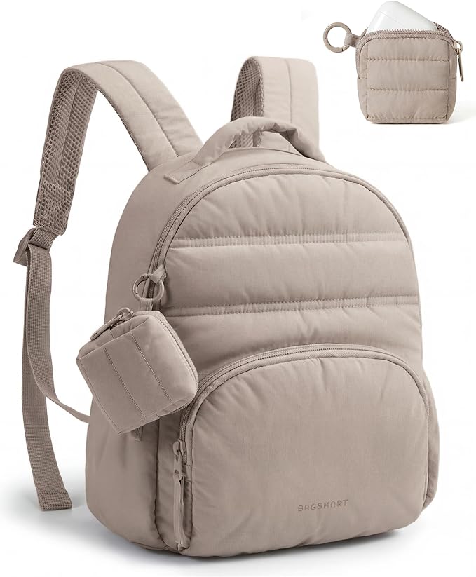 BAGSMART Small Backpacks for Women, Lightweight Puffer Mini Backpack Purse with Pouch, Quilted Casual Daypack, Water-Resistant Bookbag for Daily Travel College, 2-in-1 Set, Latte Brown
