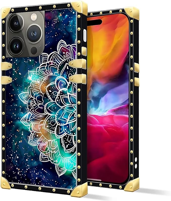 Compatible with iPhone 15 Pro Max Case, Starry Sky Colourful Mandala Luxury Golden Decoration for Girl Women Soft TPU Shockproof Protective Hard PC Back for iPhone 15 Pro Max