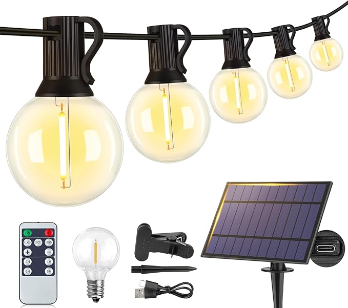 Larkvue 25FT Solar String Lights Outdoor with Remote, Waterproof Dimmable 3 Modes Patio Lights with 10+1 LED Shatterproof G40 Bulbs for Backyard-Black