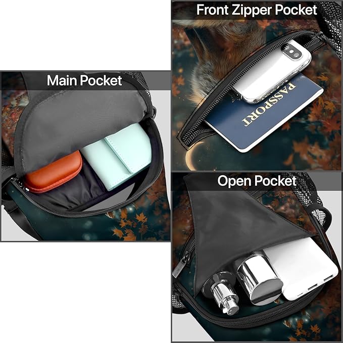 FyLybois Fox Print Sling Bag for Women Lightweight Crossbody Backpack Casual Daypack with Adjustable Strap for Travel Work Hiking Everyday Use
