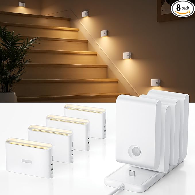 EZVALO Motion Sensor Stair Lights Indoor, Rechargeable Night Lights with Magnetic & Dimmable, Auto On/Off 3000K Soft White, Stick-On for Stairs, Hallway, Bathroom (8 Pack with Charging Station)