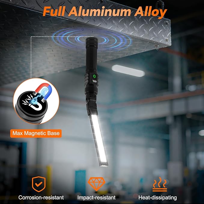 2Pack Magnetic Work Light, All Aluminum & 1500 High Lumens Rechargeable LED Work Light, 7 Mode & 360° Rotation Mechanic Light, Rechargeable Flashlight for Car Repairing, Fathers Day Dad Gifts