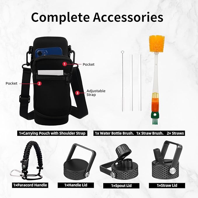Insulated Water Bottle 40oz,Triple Wall Vacuum Stainless Steel(Dishwasher Safe),Leak Proof & Non-BPA,Flask Jug with Paracord Handle & Straw Spout Lids Sports Gradient black