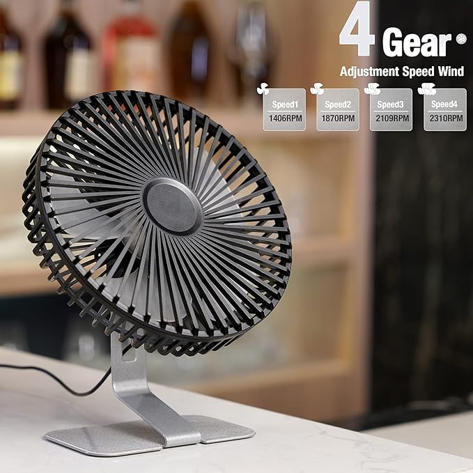 SLENPET 6 inch USB Small Desk Fan, 4 Speeds, Ultra-quiet, 90° Adjustment for Better Cooling, Portable Mini Powerful Desktop Table Fan, Mini Personal Fan for Home Office, Metal Base, Silver